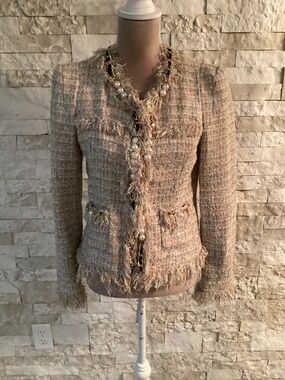 McGinn Elizabeth Pearl Metallic Tweed Fringe Chain Blazer Jacket Sz 6 Nordstrom